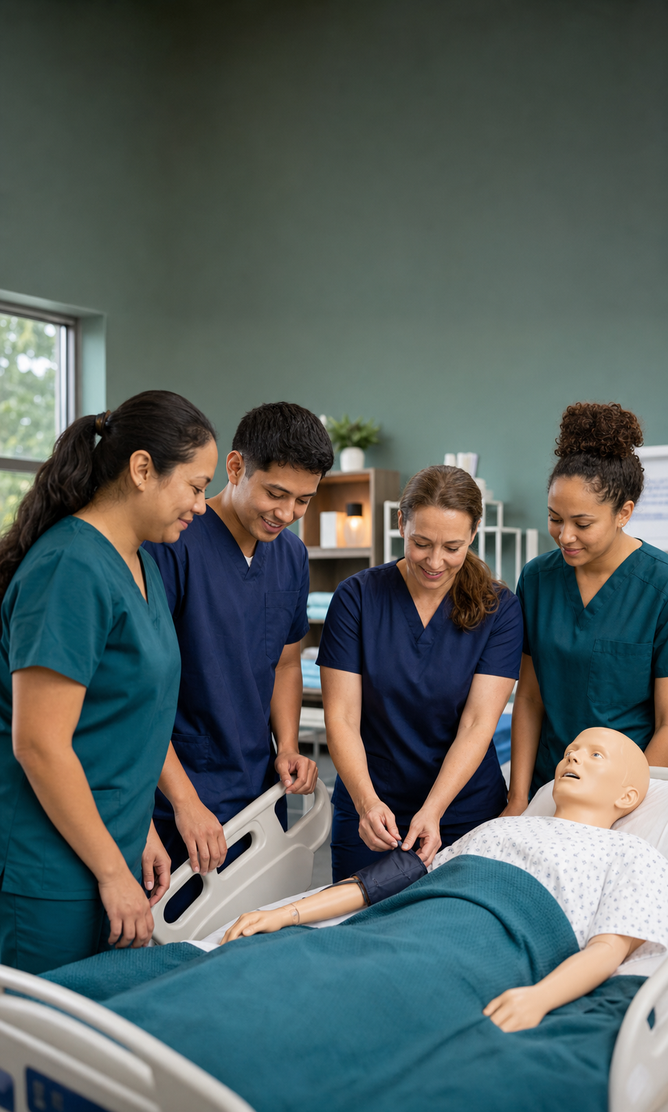 CNA students practicing patient-care skills with an instructor and training mannequin